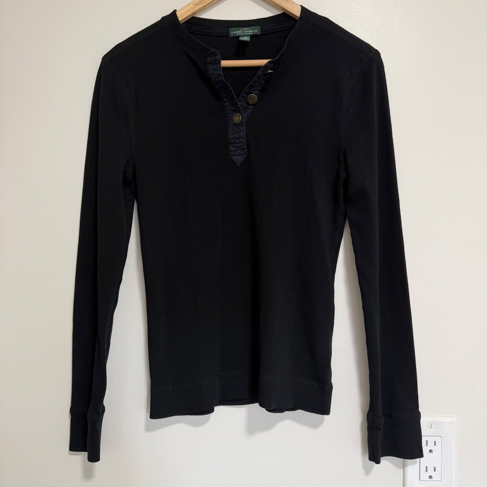 Lauren Jeans Co Ralph Lauren Waffle Knit Henley Womens Size M Black Thermal Top